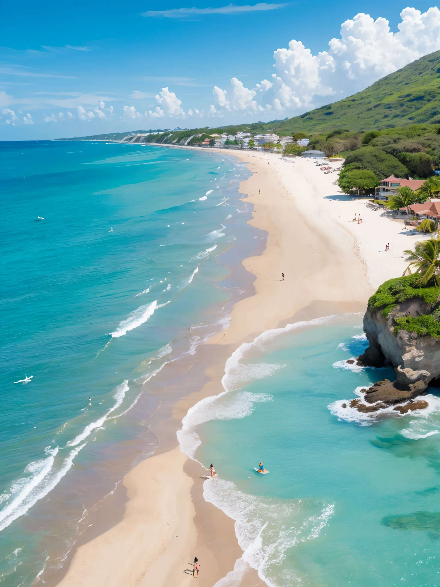 A sandy beach bathed in warm sunlight, gentle waves crashing against the shore. The beach is bustling with activity, as families build sandcastles, couples stroll hand in hand, and surfers catch the perfect wave. The sand is fine and golden, inviting barefoot walks and burying toes in its softness. Crystal clear turquoise waters stretch out into the distance, tempting swimmers to take a refreshing dip. The gentle breeze carries the fragrance of saltwater and coconut sunscreen, mingling with the sound of seagulls soaring overhead. Colorful beach umbrellas dot the shoreline, providing shade for those seeking respite from the sun's rays. The beach is alive with vibrant energy and joy, as children frolic in the water, laughter filling the air. The sky above is a brilliant blue canvas, scattered with fluffy white clouds that cast playful shadows on the sand below. A sense of relaxation and tranquility pervades the scene, inviting all who witness it to embrace the beauty of the beach and soak in its idyllic charm.

Tags: sandy beach, warm sunlight, gentle waves, bustling activity, families building sandcastles, couples strolling hand in hand, surfers catching waves, fine golden sand, crystal clear turquoise waters, refreshing dip, fragrance of saltwater, coconut sunscreen, seagulls soaring overhead, colorful beach umbrellas, vibrant energy, joy, children frolicking in water, brilliant blue sky, fluffy white clouds, relaxation, tranquility.
