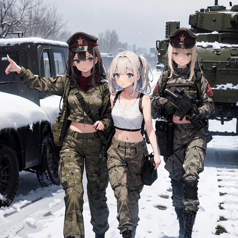 A group of  female soldiers, (in snow storm), various hair styles, tank top, harem, beautiful leg, midriff, camouflage military trousers, showings off armpits, seducing, bdsm, dirty