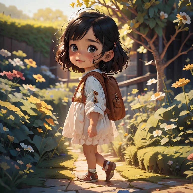 A very charming  with a backpack and her cute little dog enjoying a lovely spring outing surrounded by beautiful yellow flowers and nature. The illustration is a high-definition illustration in 4K resolution with highly detailed facial features and cartoon-style visuals.