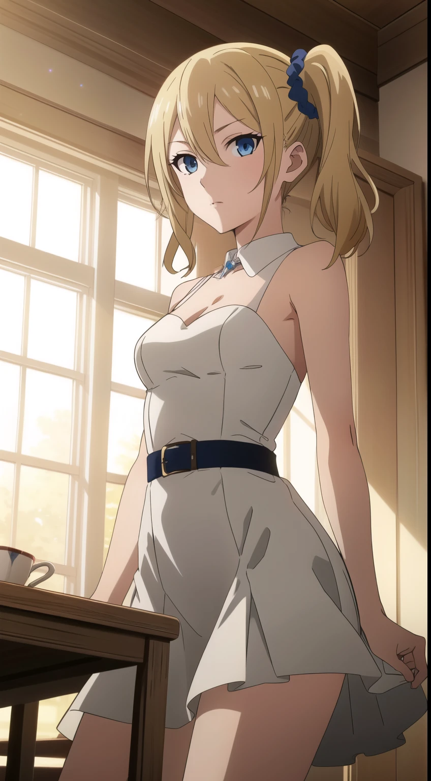 hayasaka,blonde hair, blue eyes,hair Scrunchie, side ponytail, Scrunchie,  1 girl,alone, hair between eyes,white dress,mini skirt,exquisite visuals,
beautiful Finger,beautiful long legs,beautiful body,beautiful character design, perfect eyes, Perfect face,expressive eyes, looking at the viewer, Appear on knees,sexy pose,in the center of the image, official art,High Definition CG Unity, Perfect lit, bright_front_face_lit, (table top:1.0),(Highest_quality:1.0),4k,Super detailed, photograph, 8K, nffsw, High resolution, absurd:1.2, kodak portrait 400, film grain, Lens flare, (lively_color:1.2) (beautiful,medium breasts:1.4), (beautiful_face:1.3),(narrow_waist),
