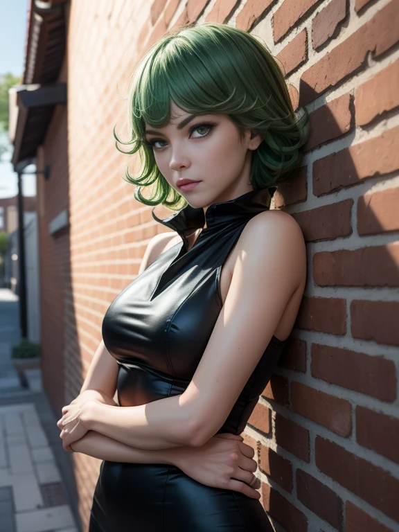 Masterpiece, best quality, detailed face, Tatsumaki, green hair, black dress, pelvic curtain, leaning on a brick wall arms crossed, looking at viewer, neutral face