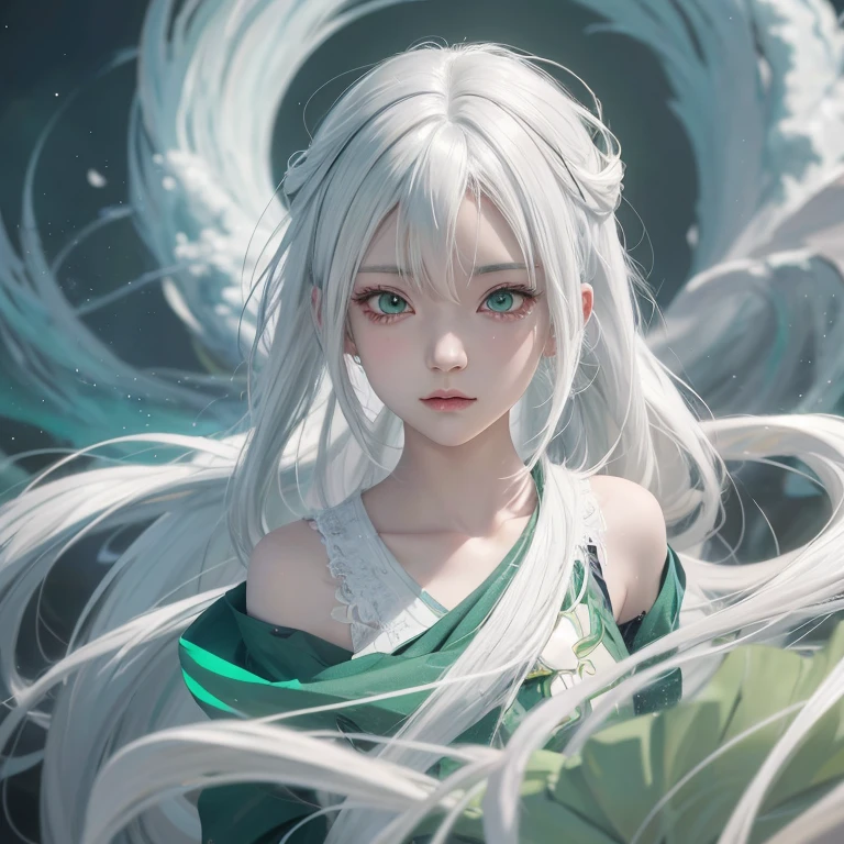 Anime girl with white hair and green eyes, detailed digital anime art, anime style 4k, white haired god, anime art wallpaper 4k, anime art wallpaper 4k, Best Anime 4K Kona-chan Wallpaper, anime art wallpaper 8k, detailed anime artwork, detailed anime art, Detailed anime original drawing, anime wallpaper 4k, anime wallpaper 4k