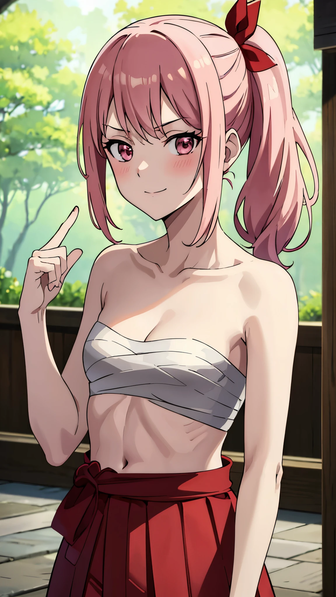 short girl, masterpiece, highres, solo, 8k, detailed, perfect face, best quality, (ultra high quality), (looking at viewers), (armpit), collarbone, bare arms, bare shoulders, small breasts, cleavage, pink hair, long hair, side ponytail hair, red ribbon, pink eyes, belly, stomach, navel, abs, sarashi chest, bandaged breast, (red hakama), slim body, upper body, smile, blush, closed mouth, at forest, hand up