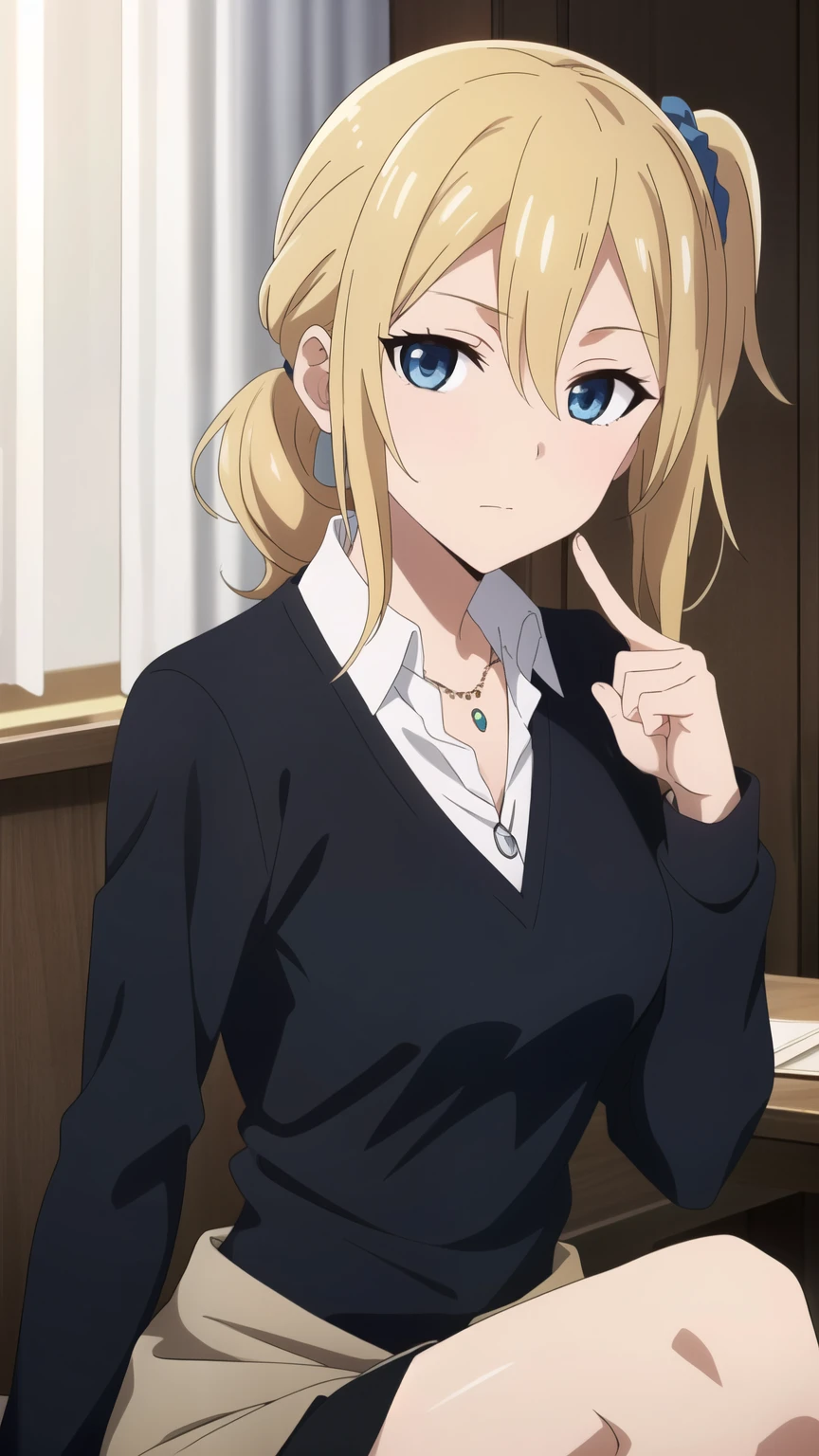 hayasaka,blonde hair, blue eyes,hair Scrunchie, side ponytail, Scrunchie,  1 girl,alone, hair between eyes,Shuchiin Academy uniform, shirt, looking at the viewer, , indoor, collared shirt, white shirt, curtain, Upper body, closed mouth, necklace, bangs, alone focus, jewelry, sweater,side lock,  alone, long hair, cardigan, ,exquisite visuals,
beautiful Finger,beautiful long legs,beautiful body,beautiful character design, perfect eyes, Perfect face,expressive eyes, looking at the viewer, Appear on knees,sexy pose,in the center of the image, official art,High Definition CG Unity, Perfect lit, bright_front_face_lit, (table top:1.0),(Highest_quality:1.0),4k,Super detailed, photograph, 8K, nffsw, High resolution, absurd:1.2, kodak portrait 400, film grain, Lens flare, (lively_color:1.2) (beautiful,medium breasts:1.4), (beautiful_face:1.3),(narrow_waist),
