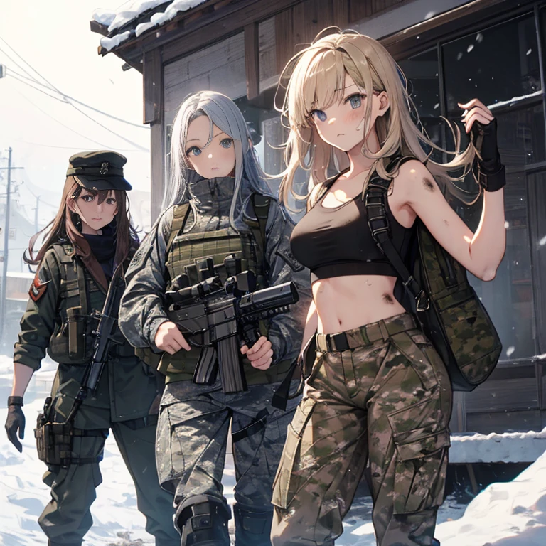 A group of female soldiers, (in snow storm), various hair styles, tank top, harem, beautiful leg, midriff, camouflage military trousers, showings off armpits, seducing, bdsm, dirty