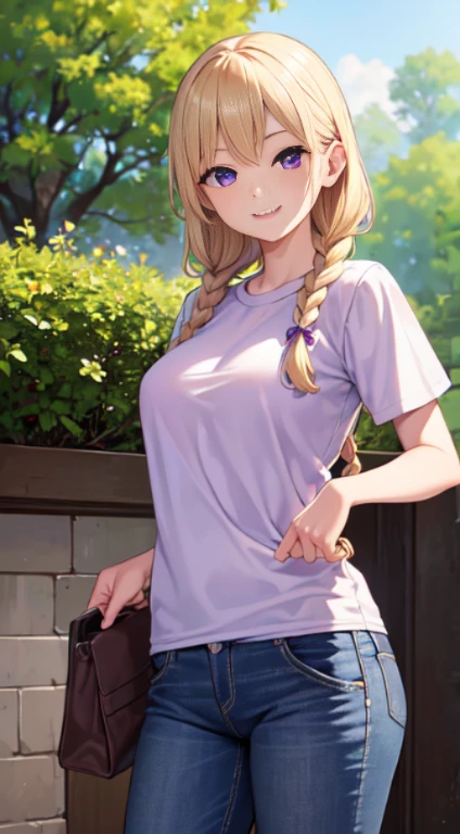 最high quality,very detailed,high quality,Extremely detailed,masterpiece,Super fine,ultra high resolution,超high quality,super realistic、(1 person:1.2)、woman、(Mature:1.5)、Blonde Hair Color、(Braid)、(Captivatingly shining purple eyes)、big breasts 、slender body、(smile:1.3)、T-shirt、jeans