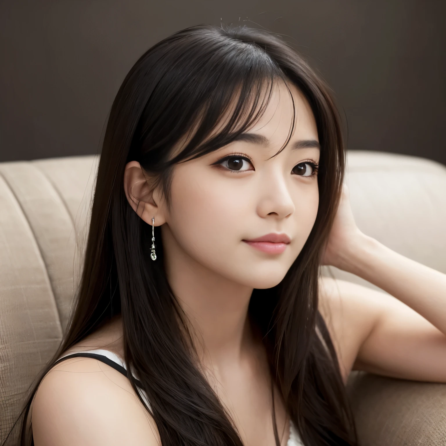 Best-quality, Masterpiece, Ultra-High-Resolution, (Photorealistic:1.4), Raw-Photo, the most popular Japanese idol, relaxing on gorgeous-sofa, upturned ass, looking at viewer, innocent-smile, ((extremely cute face like the most popular Japanese idol, ((extremely beautiful big-black-eyes)), extremely beautiful hair, extremely beautiful realistic-skins), extremely beautiful hip, extremely beautiful short-body, extremely beautiful long-eyelashes, extremely beautiful lips), detailed gorgeous-sofa