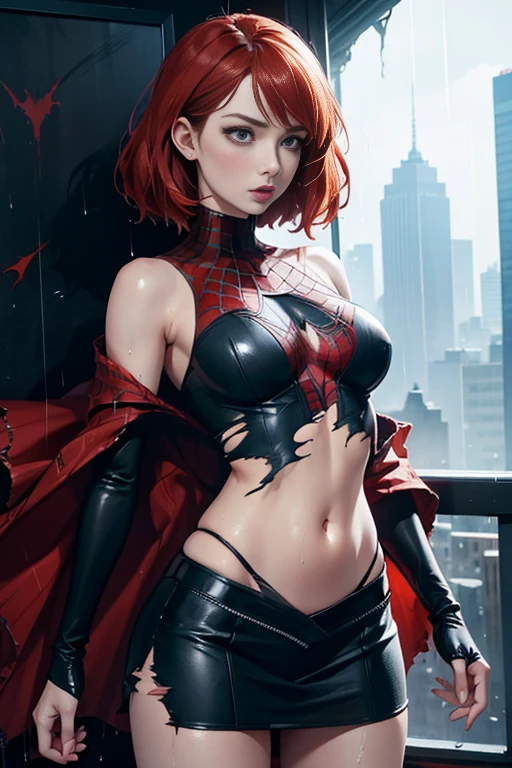 Karen Gillan、マーベル・コミック映画のposter, very beautiful, movies about spiderman, sexy, whole body, I'm wearing a skirt、premiere date, poster、belly buttonを突き出す、new york、she's wearing a torn spiderman suit,the suit is torn、wearing a skirt、 red and black color scheme,dynamic、masterpiece、highest quality、super detailed、very detailed、Detailed beautiful shine、超A high resolution、cinematic,tear,teardrop,(torn clothes:1.5), (wet clothes:1.4), bare shoulders,real rain,wet hair,belly button、exposing skin、sexyな肩を見せてる