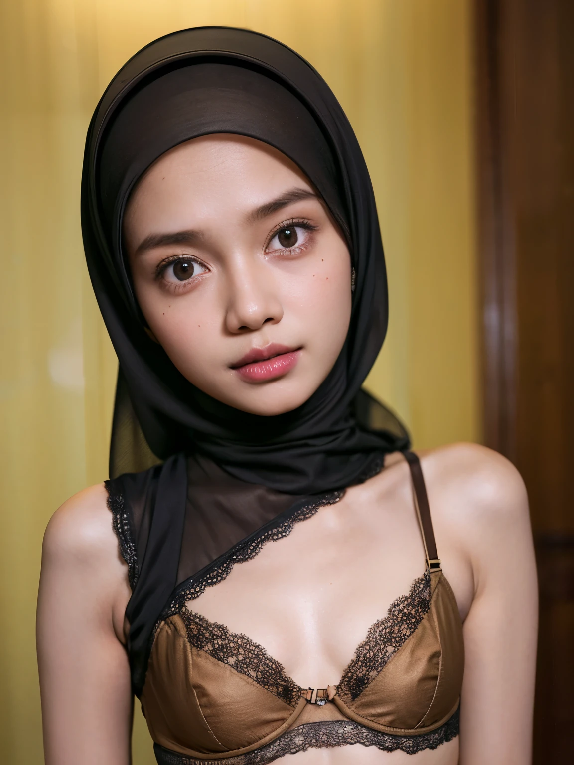 Very Thin body (Wearing Bra Lingerie), (((HIJAB MALAY GIRL))), masutepiece, High quality, UHD 32K, Realistic face, Realistic skin feeling , A Malay Lady, 8 years old, , Very cute and baby-like face, (((FLAT CHEST))), (MATRIX WORLD), ((look In front at the camera and SADNESS)), ((())), (((CUTE GIRL))), ((BROWN LIPS)), ((BROWN)), (undress). WEAR BRA LINGERIE, green, red, yellow, lace