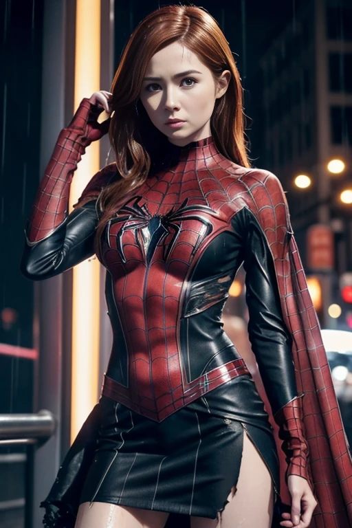 Karen Gillan、マーベル・コミック映画のposter, very beautiful, movies about spiderman, sexy, whole body, I'm wearing a skirt、premiere date, poster、belly buttonを突き出す、new york、she's wearing a torn spiderman suit,the suit is torn、wearing a skirt、 red and black color scheme,dynamic、masterpiece、highest quality、super detailed、very detailed、Detailed beautiful shine、超A high resolution、cinematic,tear,teardrop,(torn clothes:1.5), (wet clothes:1.4), bare shoulders,real rain,wet hair,belly button、exposing skin、sexyな肩を見せてる