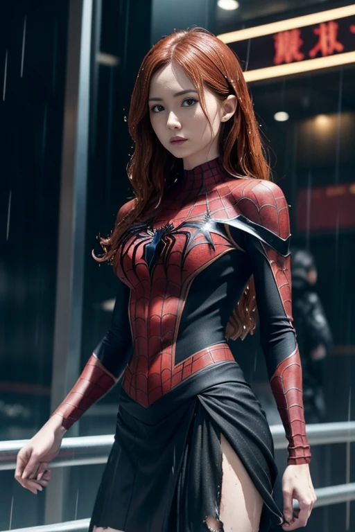 Karen Gillan、マーベル・コミック映画のposter, very beautiful, movies about spiderman, sexy, whole body, I'm wearing a skirt、premiere date, poster、belly buttonを突き出す、new york、she's wearing a torn spiderman suit,the suit is torn、wearing a skirt、 red and black color scheme,dynamic、masterpiece、highest quality、super detailed、very detailed、Detailed beautiful shine、超A high resolution、cinematic,tear,teardrop,(torn clothes:1.5), (wet clothes:1.4), bare shoulders,real rain,wet hair,belly button、exposing skin、sexyな肩を見せてる