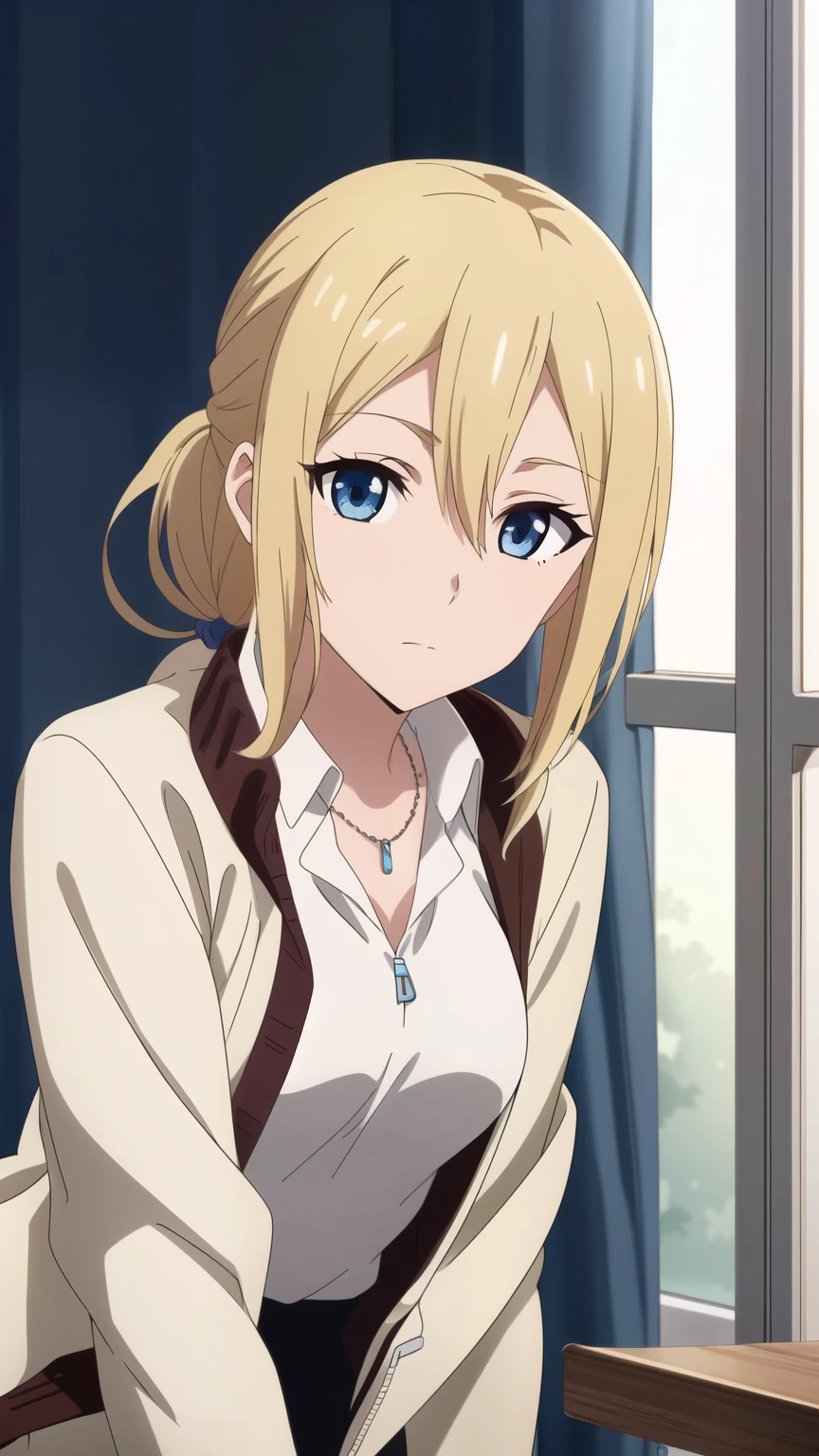 hayasaka,blonde hair, blue eyes,hair Scrunchie, side ponytail, Scrunchie,  1 girl,alone, hair between eyes,(Shuchiin Academy uniform, shirt,(Eskimo Jacket:1.5), looking at the viewer, , indoor, collared shirt, white shirt, curtain, Upper body, closed mouth, necklace, bangs, alone focus, jewelry, sweater,side lock,  alone, long hair, cardigan,) ,exquisite visuals,
beautiful Finger,beautiful long legs,beautiful body,beautiful character design, perfect eyes, Perfect face,expressive eyes, looking at the viewer, Appear on knees,sexy pose,in the center of the image, official art,High Definition CG Unity, Perfect lit, bright_front_face_lit, (table top:1.0),(Highest_quality:1.0),4k,Super detailed, photograph, 8K, nffsw, High resolution, absurd:1.2, kodak portrait 400, film grain, Lens flare, (lively_color:1.2) (beautiful,medium breasts:1.4), (beautiful_face:1.3),(narrow_waist),
