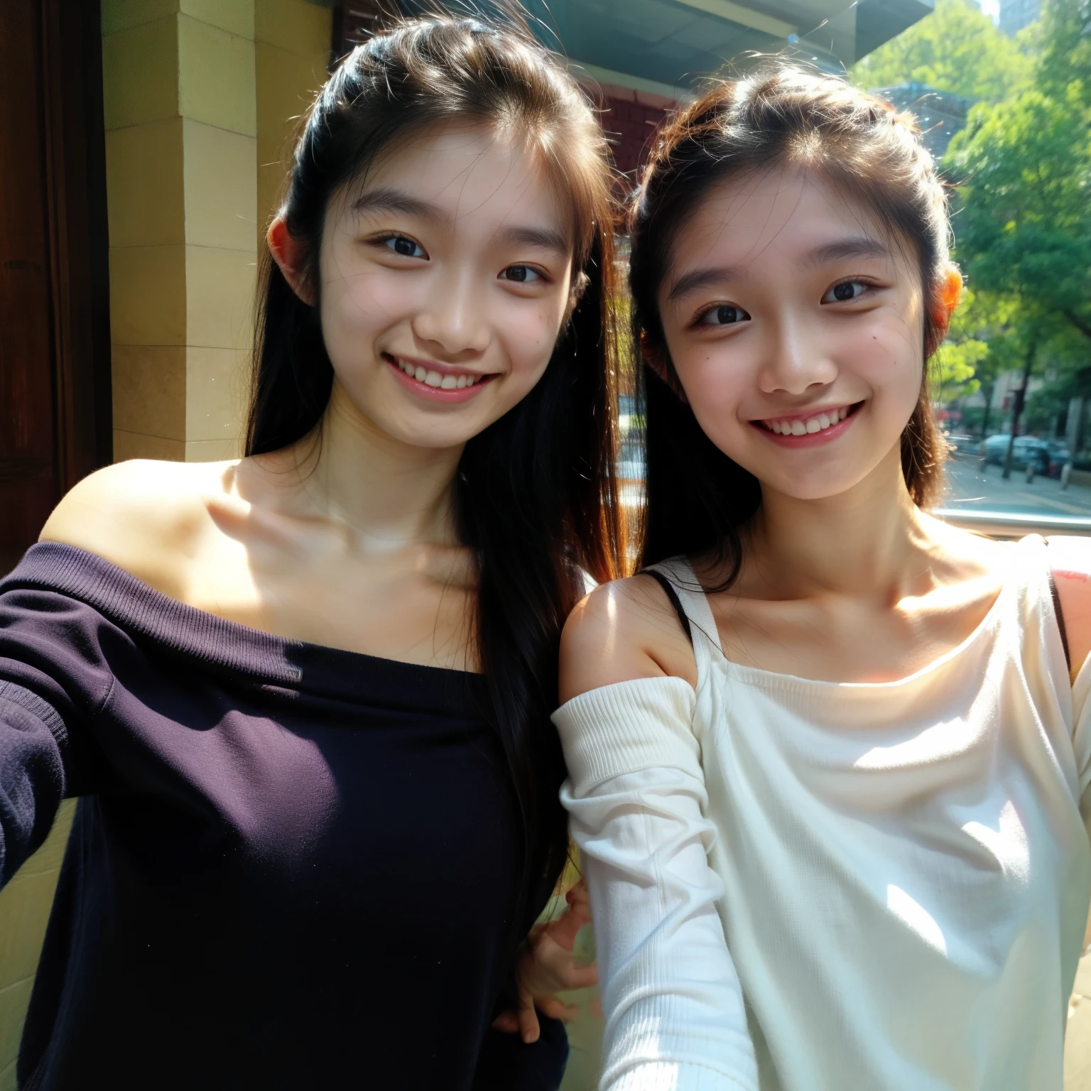 Identical twin sisters taking a selfie, , bangs, Smile、off-the-shoulder top
