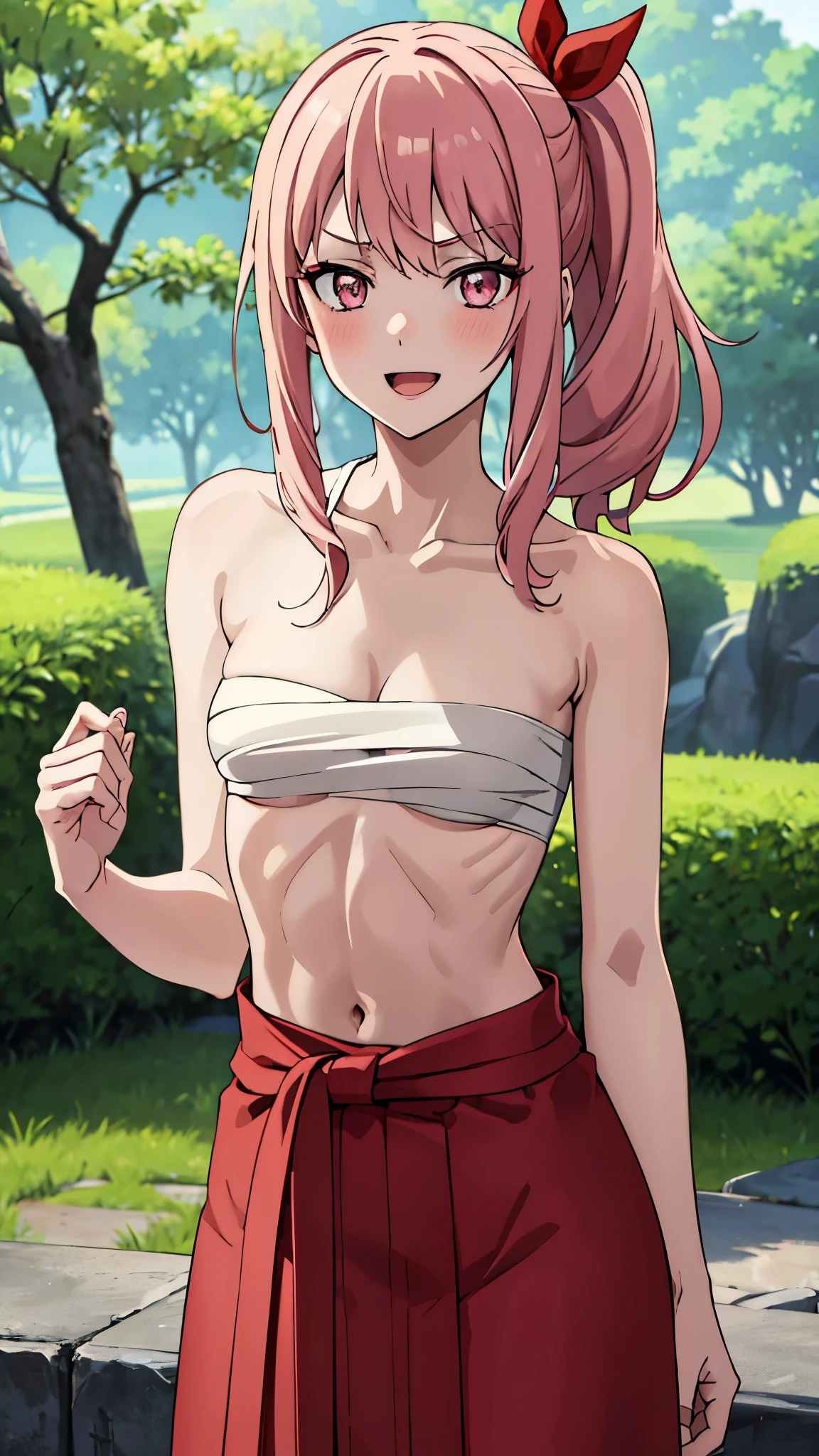 short girl, masterpiece, highres, solo, 8k, detailed, perfect face, best quality, (ultra high quality), (looking at viewers), (armpit), collarbone, bare arms, bare shoulders, small breasts, cleavage, pink hair, long hair, side ponytail hair, red ribbon, pink eyes, belly, stomach, navel, abs, sarashi chest, bandaged breast, (red hakama), slim body, upper body, smile, blush, open mouth, at forest, hand up