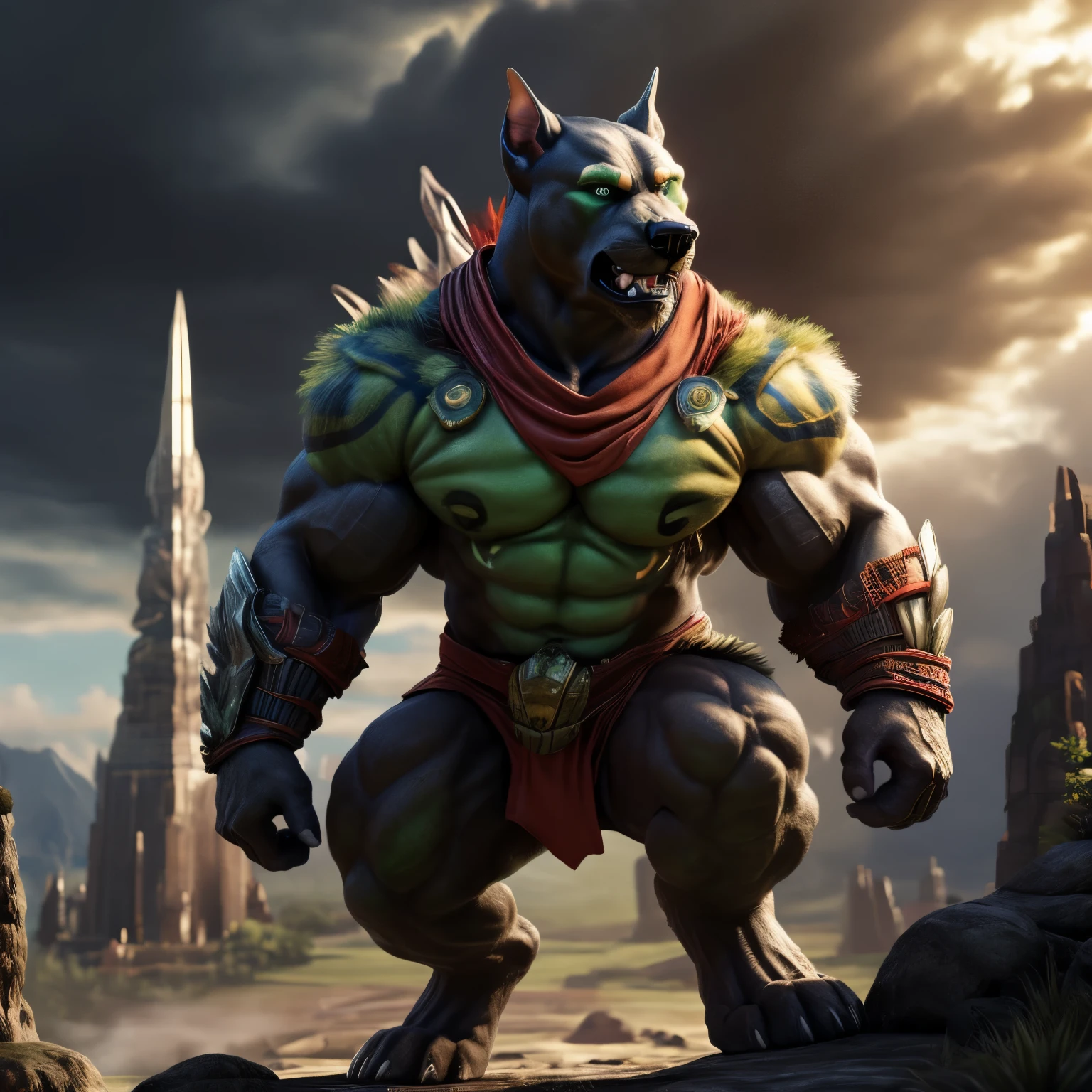 (By ThorvaldArt, by OdinStudio, by MidgardDesign), 1male, Thor, (Deity of Thunder from Asgard), muscular, pit bull anthropomorphism, golden coat, blue collar, fierce gaze, sharp teeth, red bandana, intense, dynamic pose, dramatic lighting, mid-shot, lush green landscape, Asgard realm background, masterpiece, highest quality, intricately detailed, realistic fur and muscles, expressive eyes, bold and powerful, mythological.