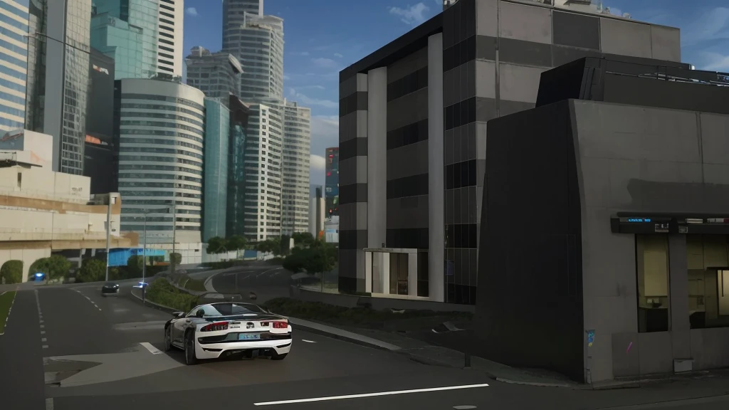 ultra-realistic, ultra-detalhado, ultra-detalhes intrincados, detalhes ultra-intrincados, K, High definition, multi-render, cinematic rendering, 3D rendering, Behind the city scene, estilo ciberpunk, noite, forte contraste, nenhum outro entulho ao redor, carro andando em alta velocidade na rodovia, the environment is noite, black sky, a car  