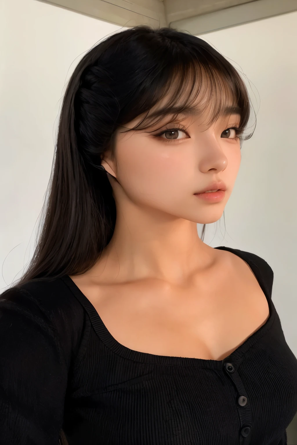 un primer plano de una mujer vestida con un top negro y una diadema negra, she has black hair con flequillo, hermosa joven coreana, neat hair con flequillo, long flequillo recto, flequillo recto, con flequillo, hermosa mujer surcoreana, flequillo contundente cae sobre su frente, hermosa joven coreana, long hair con flequillo, Lalisa Manobal, flequillo negro