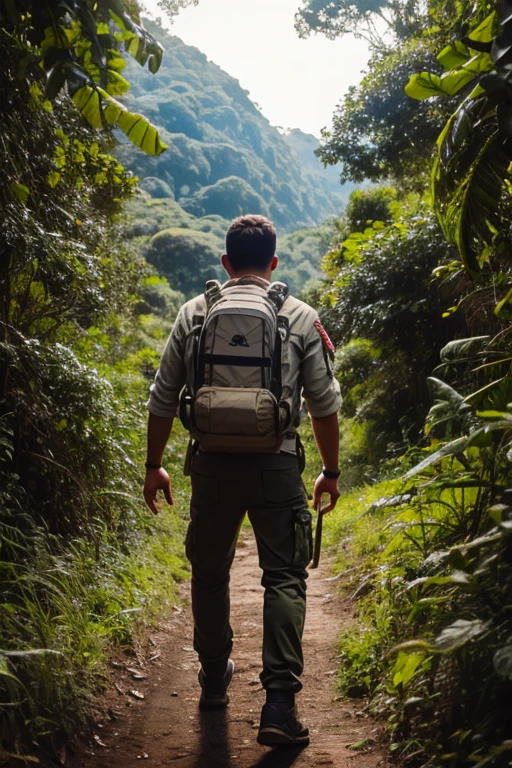 realistic astronaut walking on a jungle planet