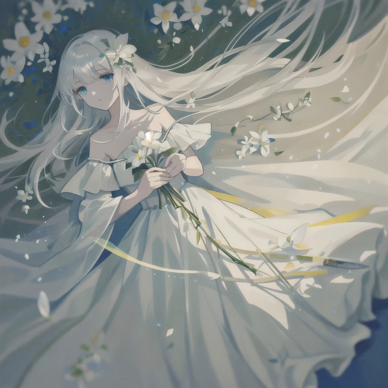 Knife a beautiful white flower, symbolizing life and renewal. Use soft texture and delicate details to convey the lightness and purity of this flower. The background should have an ethereal aspect to further highlight the beauty of this flowe, lying on the floor, supine
