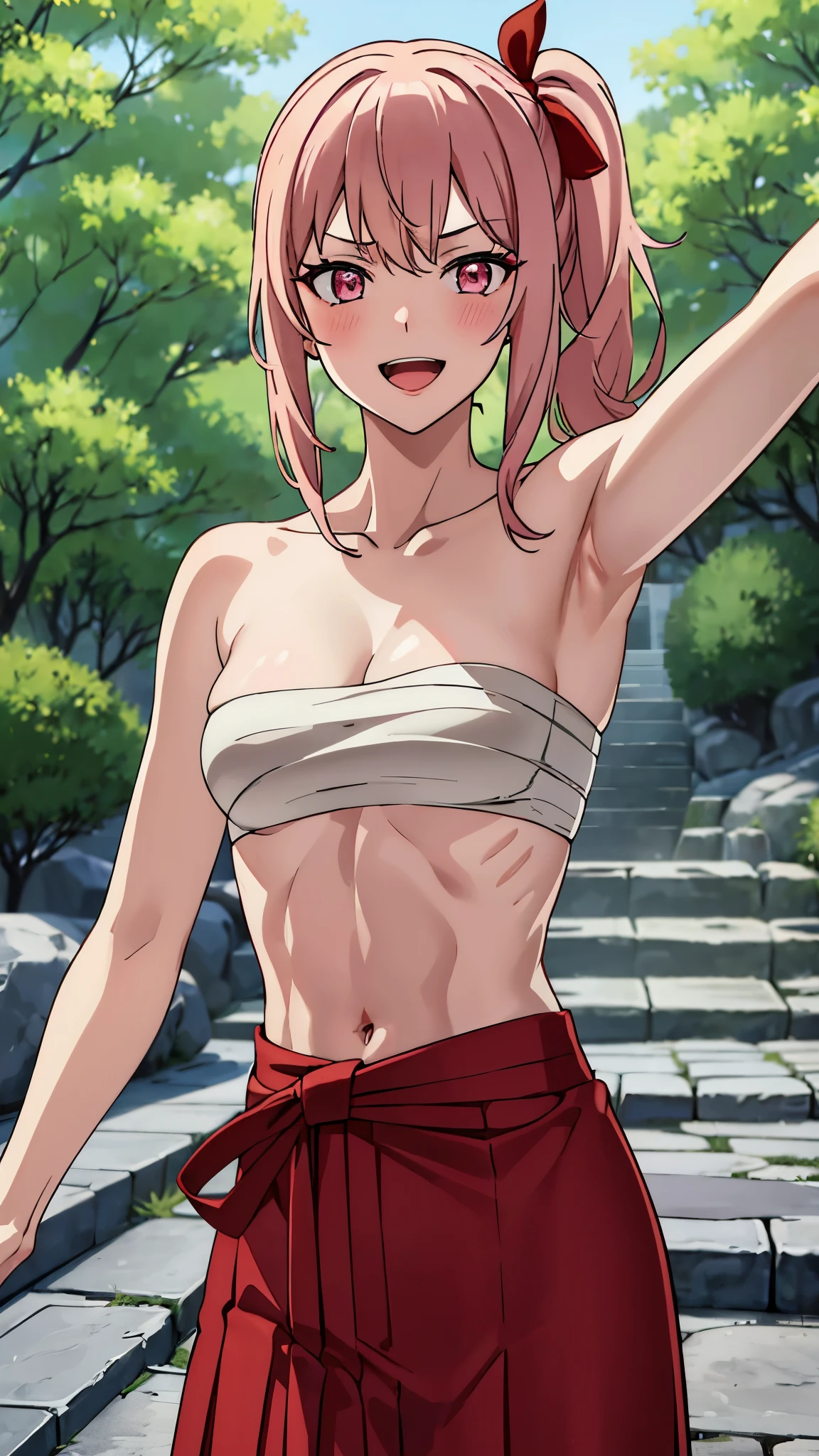 short girl, masterpiece, highres, solo, 8k, detailed, perfect face, best quality, (ultra high quality), (looking at viewers), (armpit), collarbone, bare arms, bare shoulders, small breasts, cleavage, pink hair, long hair, side ponytail hair, red ribbon, pink eyes, belly, stomach, navel, abs, sarashi chest, bandaged breast, (red hakama), slim body, upper body, smile, blush, open mouth, at forest, hand up