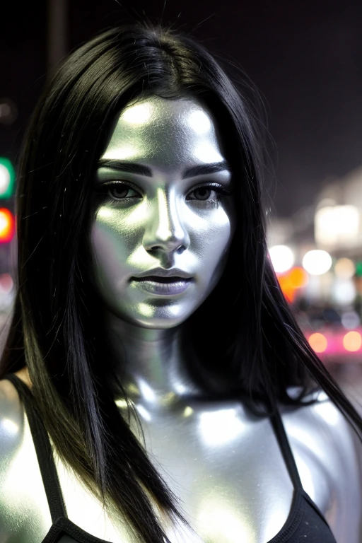 city street, neon, fog, volumetric, closeup portrait photo of beautiful young Mexican woman silver living statue, perfectly body, head, face metallic chrome silver paint, detailed facial head body, (lifelike expression), living statue, only metallic chrome silver tones, perfectly drawn face head body, black hair, long straight hair, wearing black tank tops,