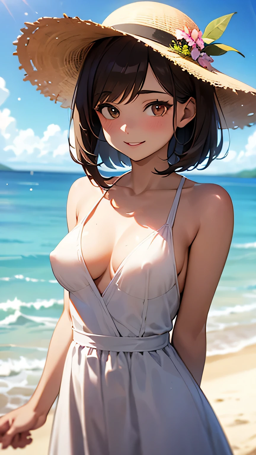 (Best quality, dynamic lighting, highly detailed, HDR) Brown haired young woman, mature, beautiful, bob hair, brown eyes, slim, medium-small breasts, perky nipples, white floral summer dress, summer hat, bare shoulder, cleavage, sleeveless, smiling, head shot, beach background.