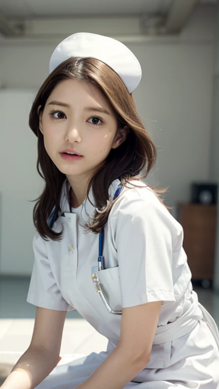 1 girl,(Wearing white nurse clothes:1.2),(Raw photo, highest quality), (realistic, photo-realistic:1.4), masterpiece, very delicate and beautiful, very detailed, 2k wallpaper, wonderful, finely, very detailed CG unity 8k wallpaper, Super detailed, High resolution, soft light, beautiful detailed girl, very detailed eyes and face, beautifully detailed nose, finely beautiful eyes, nurse, perfect anatomy, black hair, up style, nurse uniform, ((nurse cap)), long skirt, nurse, white costume, thin, hospital, clear, white uniform, hospital room, Neck auscultation,close your face,