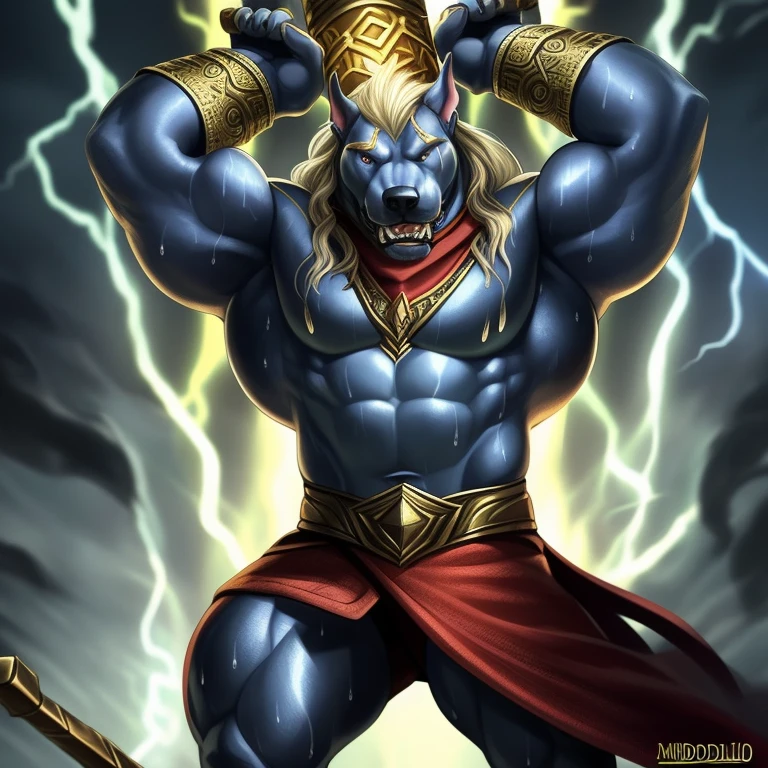 (By ThorvaldArt, by OdinStudio, by MidgardDesign)

1male, Thor, (Deity of Thunder from Asgard), muscular, pit bull anthropomorphized with a golden coat shimmering with a radiant sheen and intricately detailed Norse symbols, blue collar adorned with the same symbols, fierce gaze piercing through the viewer as he bares his sharp teeth in a snarl, red bandana tied around his neck, compassionate and intense expression, dynamic pose as he raises his mighty hammer Mjolnir high above his head, sweat glistening on his forehead, Thor's powerful muscles straining with the effort