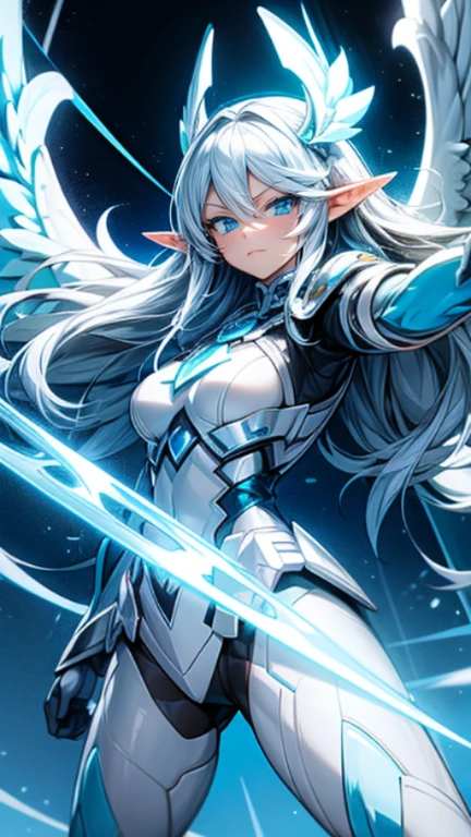 Woman with long white hair bright blue eyes, elf ear, big angel wings, with a light blue hero costume and an incredible blue light power Boku No Hero Academy animation style