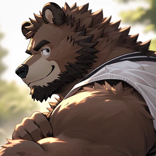 Depth of the bounds written, motion blur,(highest quality), (masterpiece), (Super detailed), sharp focus,  eye, black eye, hairy, alone, Bright white fur, brown fur, beard, bring your face closer, profile photo, fold your arms, blink, smile,Male brown bear, middle aged, muscular, Super detailed face