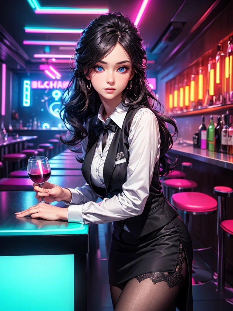 a lady, permanent, bartender, ((Black vest with white shirt) black tie), (black skirt with black lace stockings high heels), Stylish clothing, adult, Sexy, black hair, very long wavy hair, half updo half up half down, shine blue eyes, long upper eyelashes, most detailed eyes, light makeup, seductive expression eyes, (seductive smile:0.8), (Masterpiece best quality:1.2) Exquisite illustrations and super detailed, Medium breast, detailed face, high quality hair, super detailed finger, BREAK, ((Colorful neon lights:1.37) hang on the wall), (Neon tube:1.37), glowing, rest, (Fashion bar:1.2), indoors, ((cocktail glass) Filled with colorful wine), (The room is dimly lit), wine bottle, Art Deco, Detailed background, BREAK, Super textured skin, super detail face, perfect face, Super fine facial details, beautiful and delicate eyes, perfect eyes, correct limbs, (correct finger), super detail finger, best hair quality, best clothing quality, best prop quality, best backgroud detail and quality, anatomically correct, best quality, highres, award winning