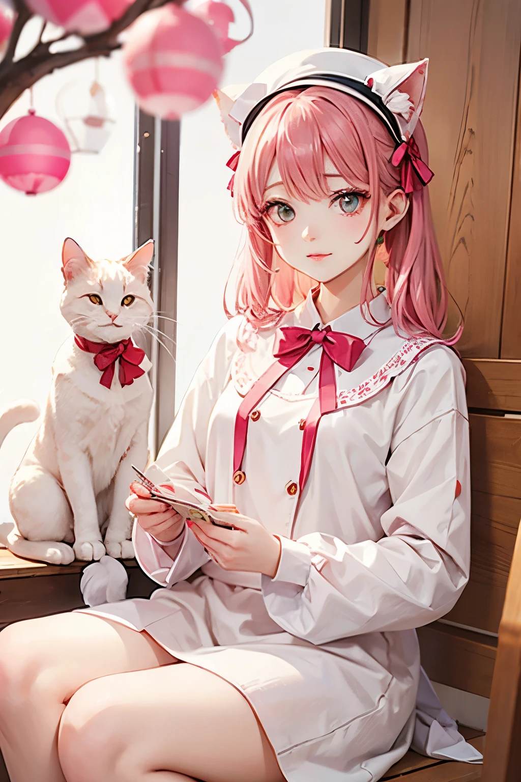 Almond tofu、White clothes with red dots、Cat with pink ribbon