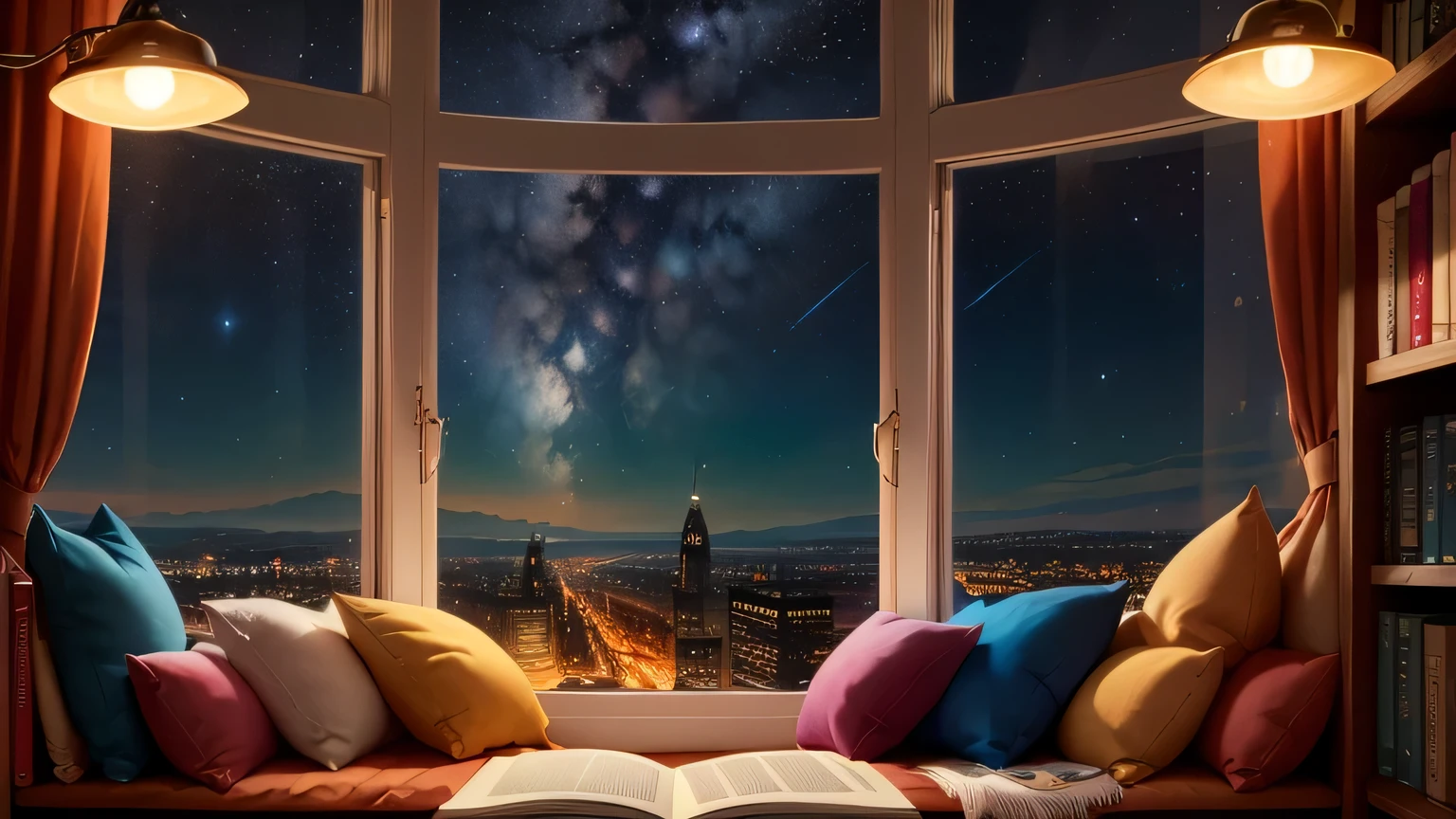 Night, window, stars, book shelf,
