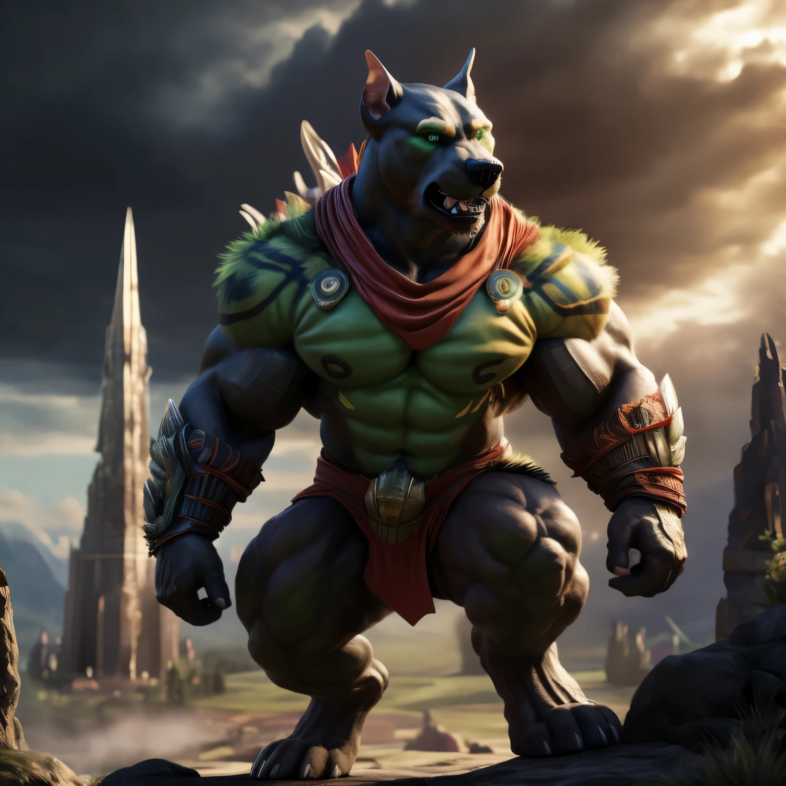 (By ThorvaldArt, by OdinStudio, by MidgardDesign), 1male, Thor, (Deity of Thunder from Asgard), muscular, pit bull anthropomorphism, golden coat, blue collar, fierce gaze, sharp teeth, red bandana, intense, dynamic pose, dramatic lighting, mid-shot, lush green landscape, Asgard realm background, masterpiece, highest quality, intricately detailed, realistic fur and muscles, expressive eyes, bold and powerful, mythological.