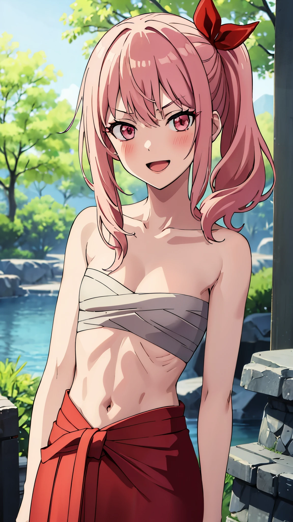 short girl, masterpiece, highres, solo, 8k, detailed, perfect face, best quality, (ultra high quality), (looking at viewers), (armpit), collarbone, bare arms, bare shoulders, small breasts, cleavage, pink hair, long hair, side ponytail hair, red ribbon, pink eyes, belly, stomach, navel, abs, sarashi chest, bandaged breast, (red hakama), slim body, upper body, smile, blush, open mouth, at forest, hand up