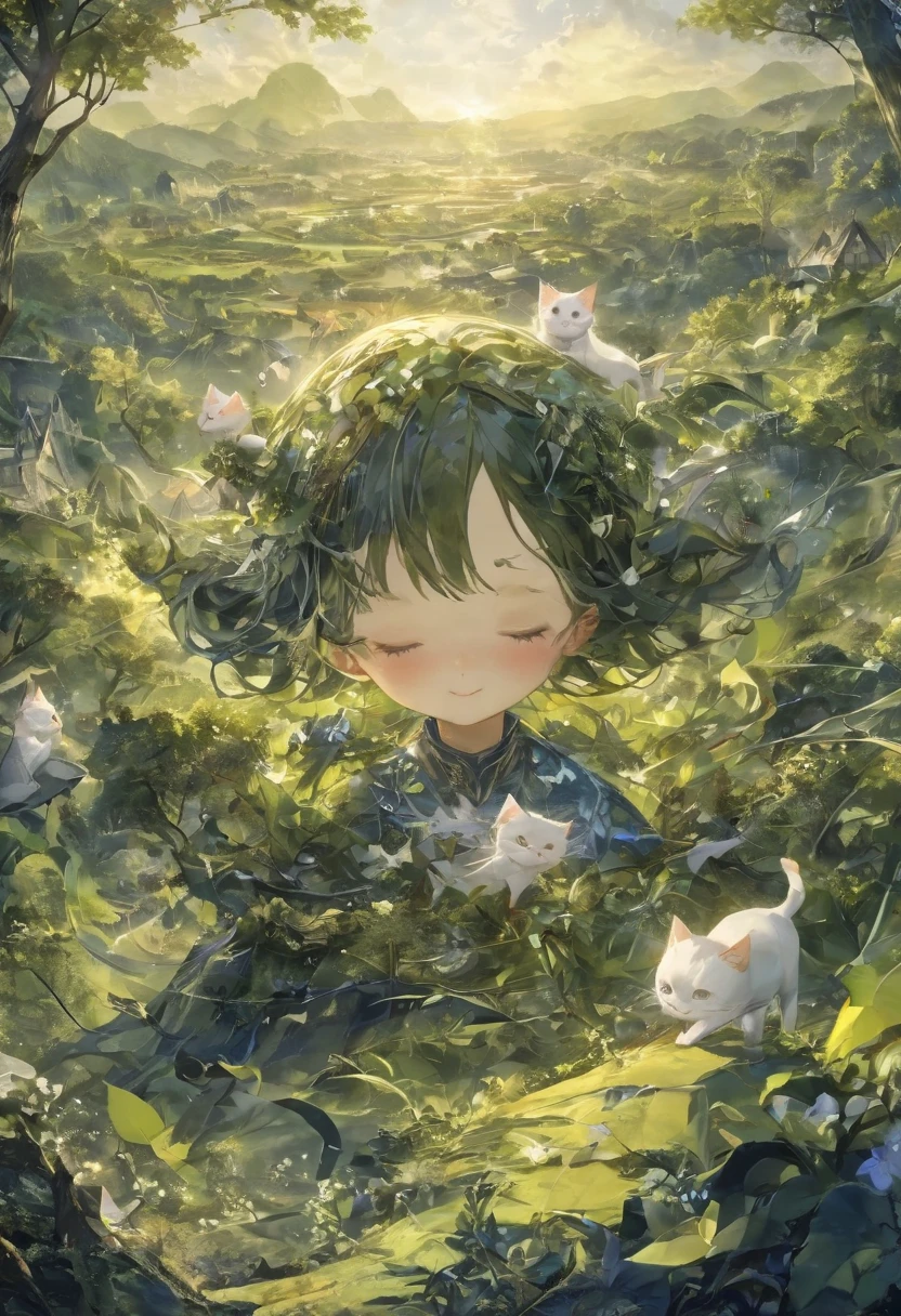 (panorama, center, masterpiece, highest quality: 1.2), (8K、Raw photo、highest quality、look up:1.2、masterpiece:1.2、genuineistic、ultra high resolution、high contrast、photon mapping、genuine、Super detailed、official art, Raw photo、professional lighting、 light、Vivid atmosphere、twicelight) , (1 girl), （One white kitten）, 　Between Heaven and Earth、star々is made、A girl and a kitten are watching a spectacular story。An atmosphere that exudes the excitement of adventure。An atmosphere that makes you feel happy and joyful。High Fantasy Worldview,　Beautiful depiction of grand composition and proportions, 虹色の光や銀色の蒸気の守護star雲, Corrosive Encirclement Ray Family Color, slimy air feeling, The world shines with kindness and joy., A spectacular tale,