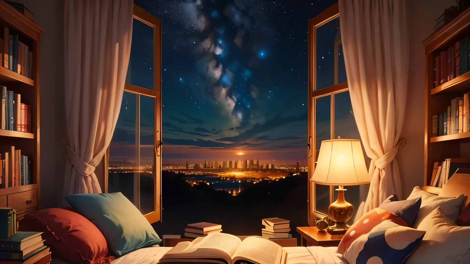 Night, window, books, stars, anime,
