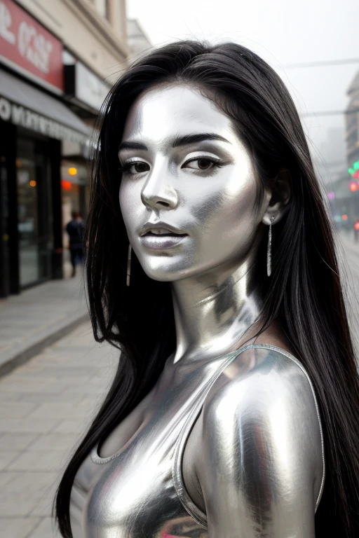 city street, neon, fog, volumetric, closeup portrait photo of beautiful young Mexican woman silver living statue, perfectly body, head, face metallic chrome silver paint, detailed facial head body, perfectly drawn face head body, lifelike expression, living statue, metallic chrome silver tones, black hair, long straight hair, wearing black tank top,