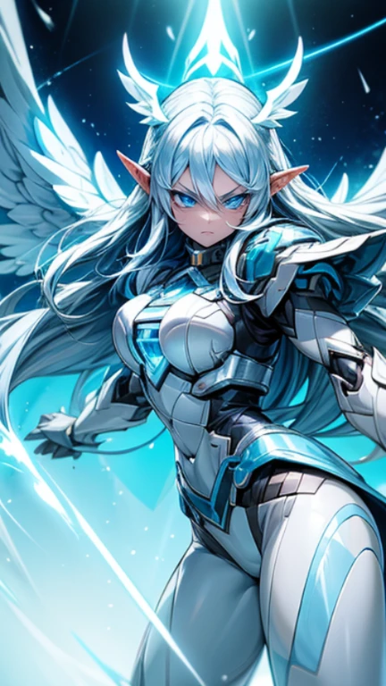 Woman with long white hair bright blue eyes, elf ear, big angel wings, with a light blue hero costume and an incredible blue light power Boku No Hero Academy animation style with a devastating and very furious look 