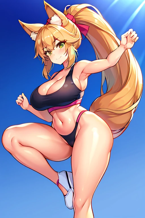 amy, ponytail, bangs, long hair, fox ears, fox tail, thick thighs, large brrasts, 1girl, wide hips, smile, ponytail, sports bra,
