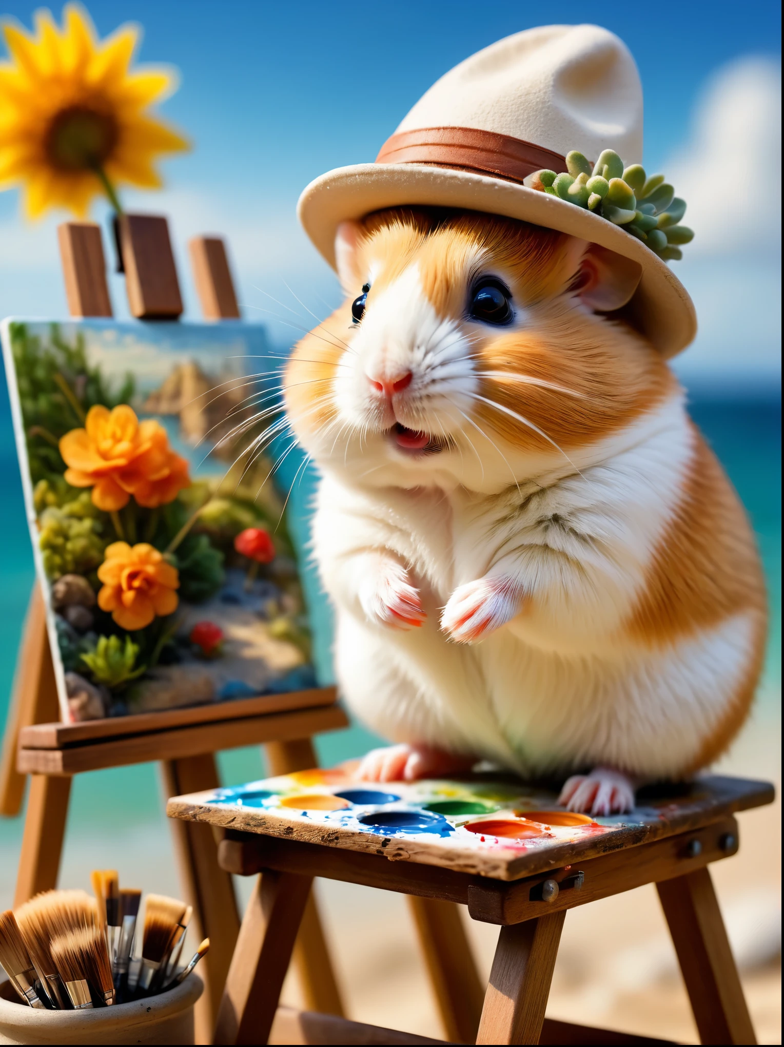 a photo with a tilt shift, selective focus, miniature effect, highly detailed, bright, perspective control, a picture with a natural tilt (whimsically artistic), charming additional fluffy, chubby Dzungarian hamster in an adventurer's hat, ((He paints a still life on an easel, brushes, seascape)), magical, macro photography, (charming:1.3), (luminous: 1.2), (huge flora: 1.1), mystical, vivid photography, flickering light, preoccupied, bizarre, disturbing, soft-focus, over-detailed digital art