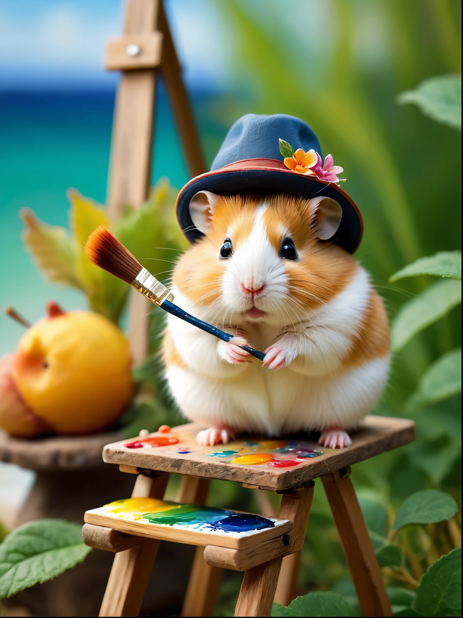 a photo with a tilt shift, selective focus, miniature effect, highly detailed, bright, perspective control, a picture with a natural tilt (whimsically artistic), charming additional fluffy, chubby Dzungarian hamster in an adventurer's hat, ((He paints a still life on an easel, brushes, seascape)), magical, macro photography, (charming:1.3), (luminous: 1.2), (huge flora: 1.1), mystical, vivid photography, flickering light, preoccupied, bizarre, disturbing, soft-focus, over-detailed digital art