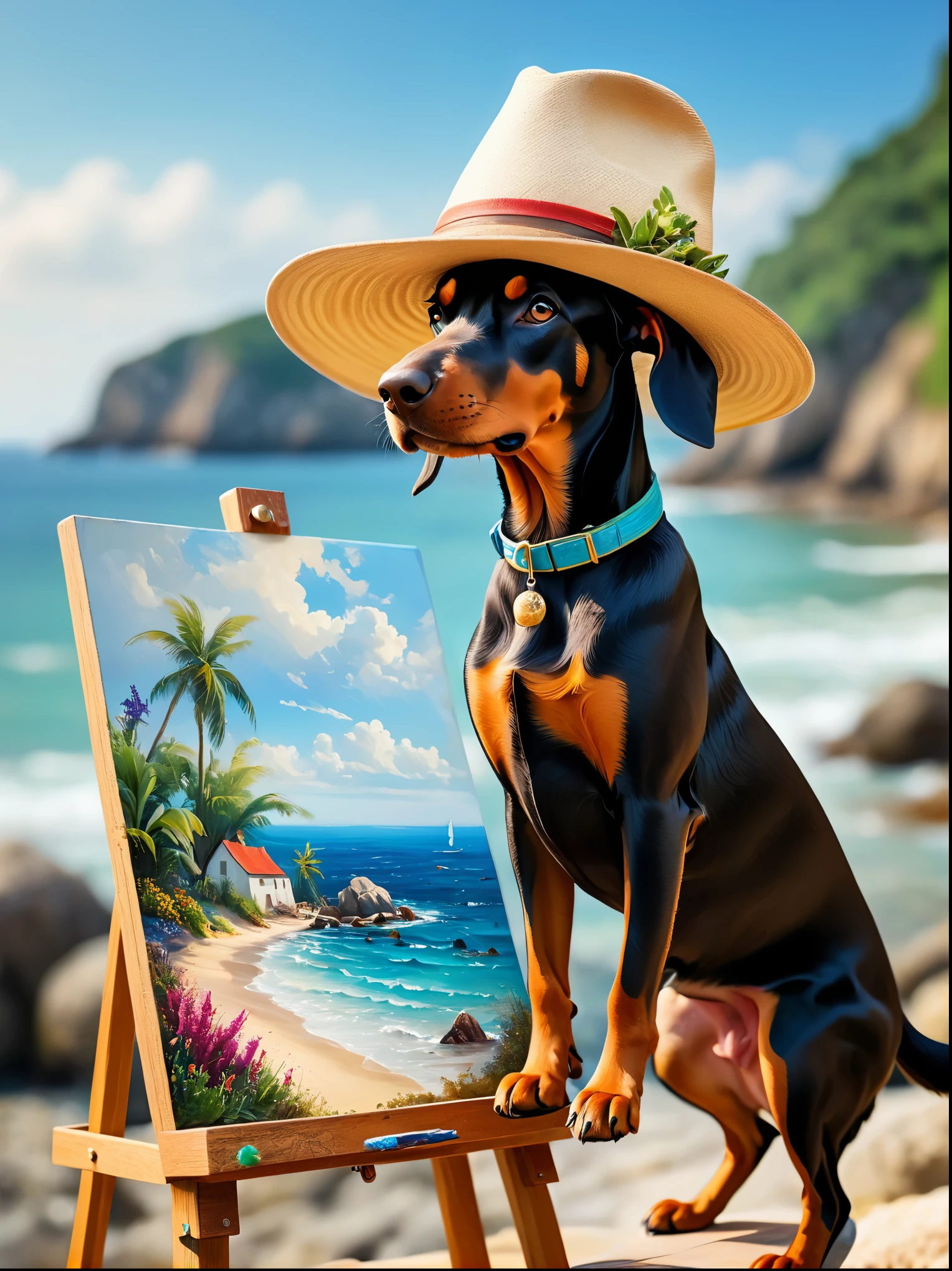 One with tilt shift,Selective focus,Miniature effect,Highly detailed,bright,Perspective Control Photos,A naturally tilted(Whimsical artistry)picture of,charming额外毛茸茸、Chubby Doberman wearing an adventurer's hat,((He painted a still life on his easel,brush,sea view)),magic,(charming:1.3),(luminescent: 1.2),(Huge plants: 1.1),mystery,vivid photography,rays of shimmering light,All eyes and ears,strange,soft focus,Overly detailed digital art