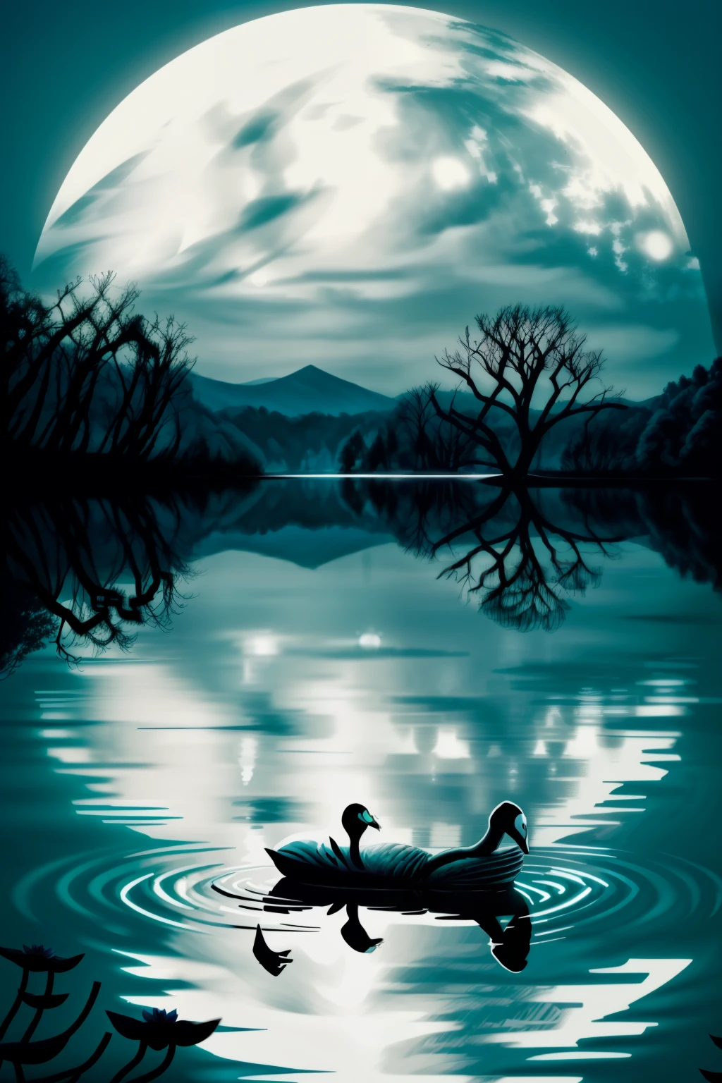 Swan, a graceful figure gliding effortlessly over the tranquil lake, in the stillness of the night. Amidst the Twilight of the Moon, the serene swan paddles with its powerful legs, leaving gentle ripples on the mirror-like surface. Surrounded by trees by the lake, their silhouettes framed against the luminescent crescent moon, the scene exudes a rejuvenating and romantic ambiance. The cool night breeze carries the sweet scent of bloomed lotus flowers, adding an enchanting touch to the calming landscape.