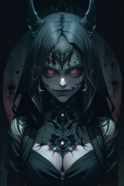 Daughter of death, low dim lighting, dark chamber, smirk, blood on her face, cultist markings,