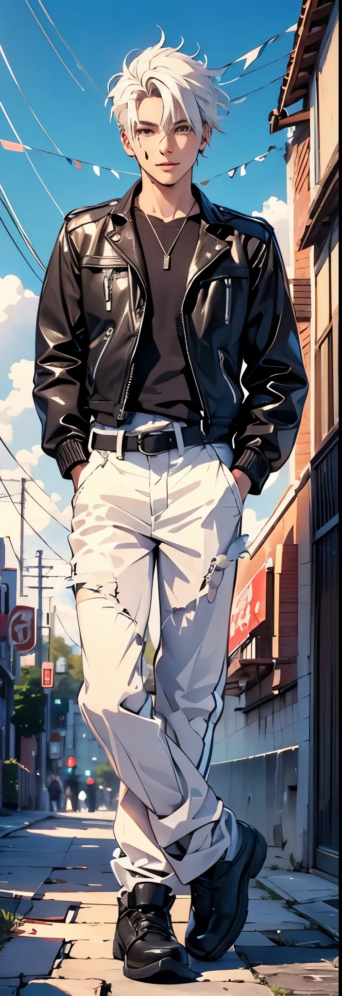 (a simple background),guy, 18 years old, white hair, [bright background], [messy hair], [casual clothes], [confident pose], [bright smile], (realistic,photorealistic:1.37), [vibrant colors], [soft lighting], [detailed facial features], [expressive eyes], [sharp focus], [youthful appearance], [dynamic angle], [natural setting], [relaxed atmosphere], [stunning realism], [crisp details], [lively atmosphere], [high definition], [professional quality], [artistic style], portraits, anime style. stylish guy