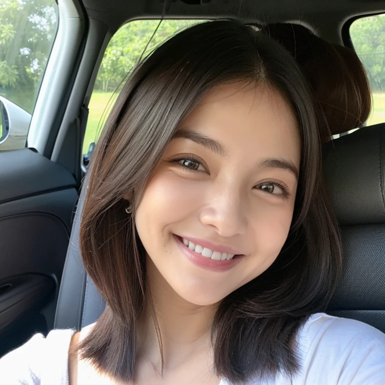 Uma mulher sentada no carro, usando uma camiseta branca minimalista, sorrindo com o cabelo preso em rabo de cavalo. Your skin is pale