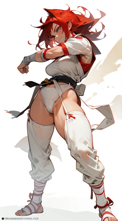 Tall, muscular, crazy woman, Smiling, medium tits, big butt, long, spiky red hair. Gray fighting dog, with torn sleeves, with a white karate belt, bandages on his hands and feet, white panties, standing, white background, full HD, 8K, Cinematic lights, super detailed face, beautiful face.