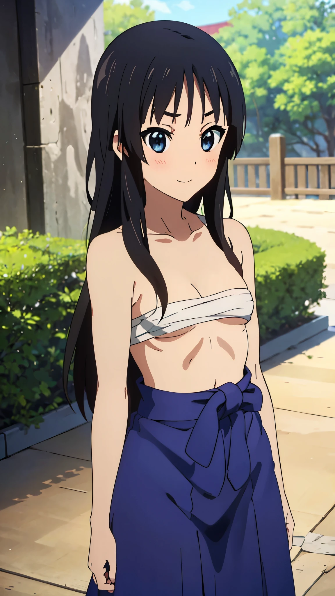 masterpiece, highres, solo, 8k, detailed, perfect face, best quality, (ultra high quality), (looking at viewers), collarbone, bare arms, bare shoulders, small breast, cleavage, black hair, long hair, blue eyes, belly, stomach, navel, abs, sarashi chest, bandaged breast, (red hakama), slim body, upper body, smile, blush, closed mouth, at forest