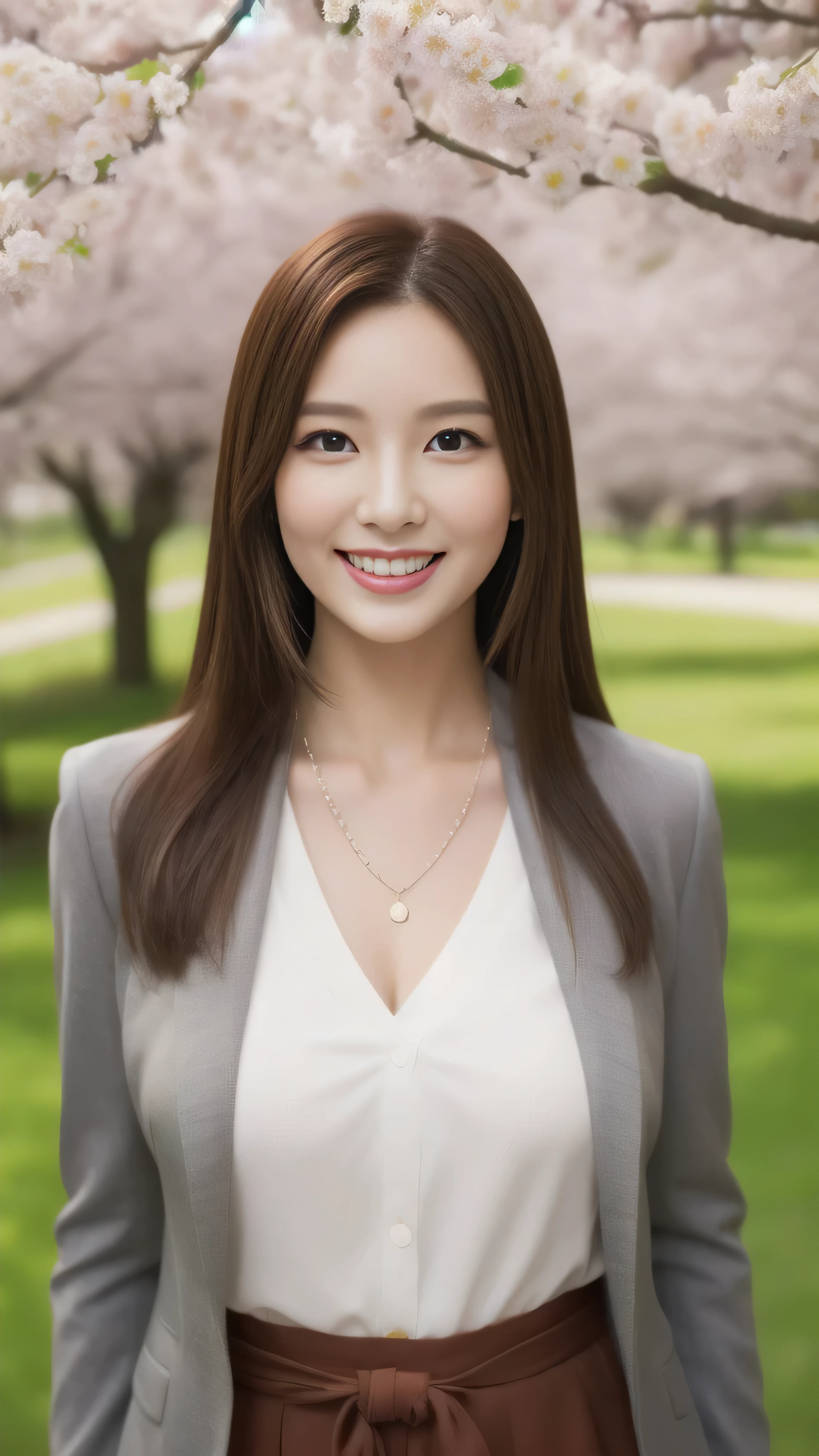 hostess face、married woman、Married woman、Beauty、business jacket、skirt、high quality、Super super realistic、healthy、smile、perfect body shape、beauty of japan、 necklace、perfect eyes beautiful skin、Upper body、look at the camera、Cherry tree in full bloom
